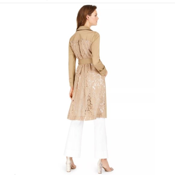 INC tan lace-back trench coat L